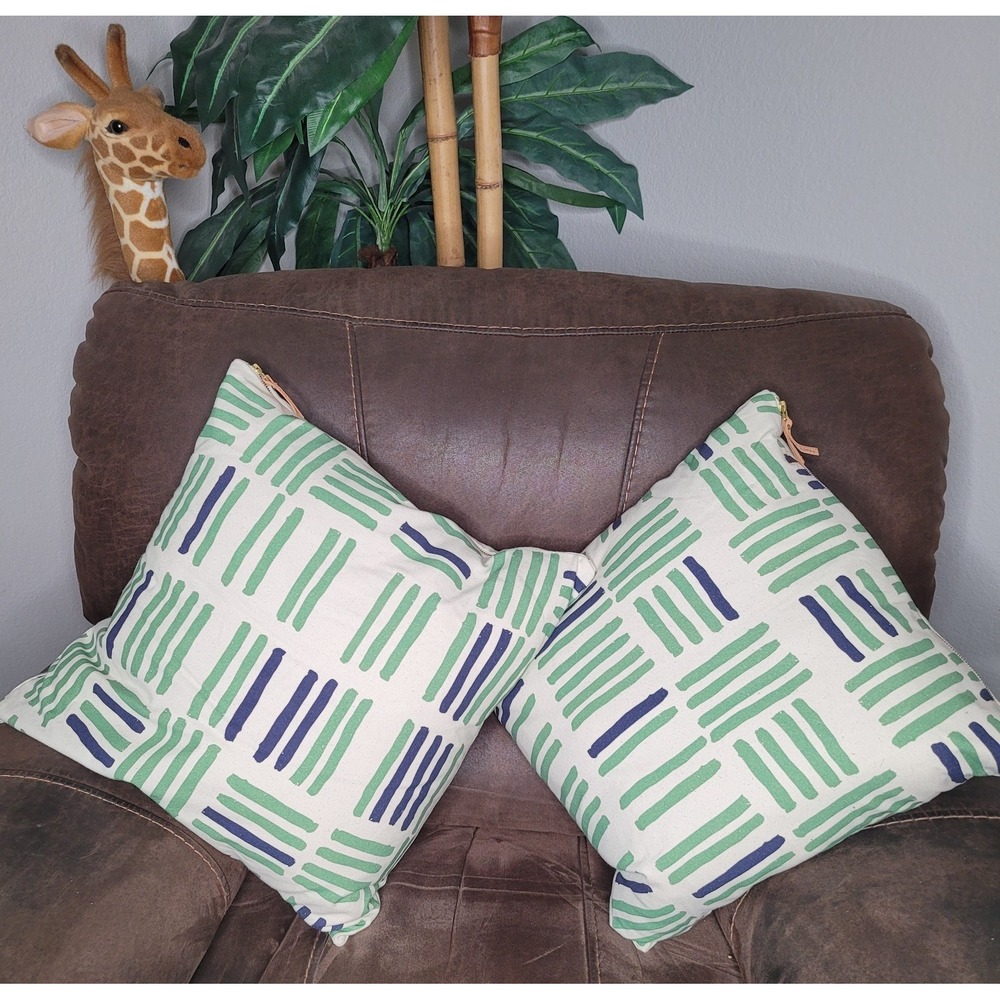 Erin Flett Pillow Set 2 Green Navy Abstract Down Filled Square Cotton 22" x 22"